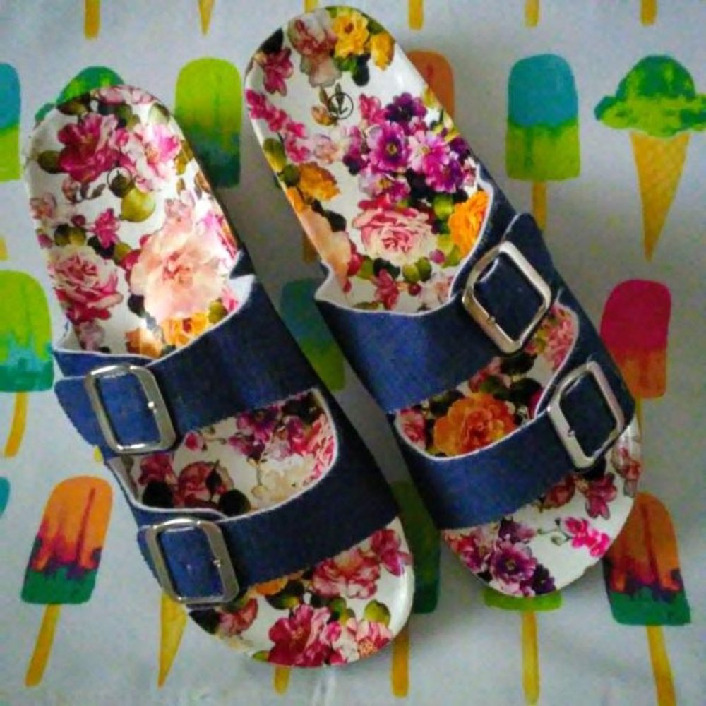 Denim Floral Footbed Sandals